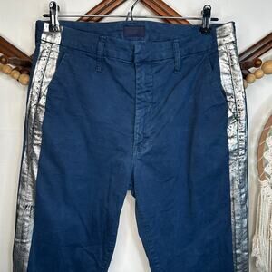Mother The Shaker Prep Navy Blue Silver Stripe Raw Hem Pants